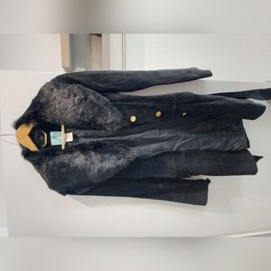 Marciano black suede leather with rabbit fur trench coat XS/TP gold buttons